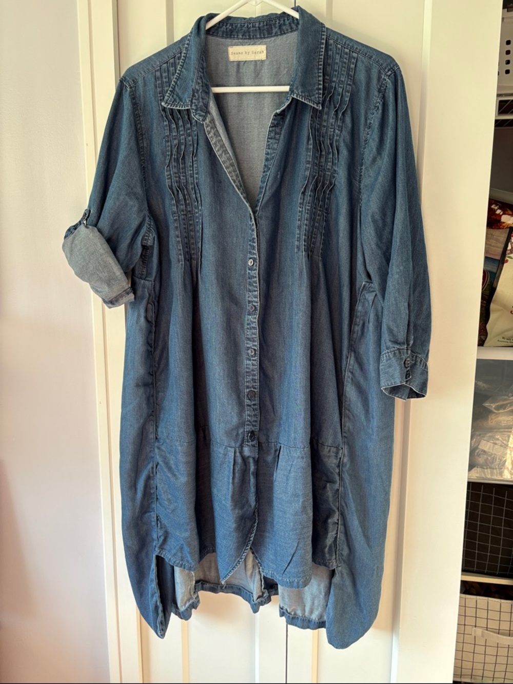 Seams by Sarah Light Wash Denim Blue Shirt Dress Button Painters Smock Lyocell